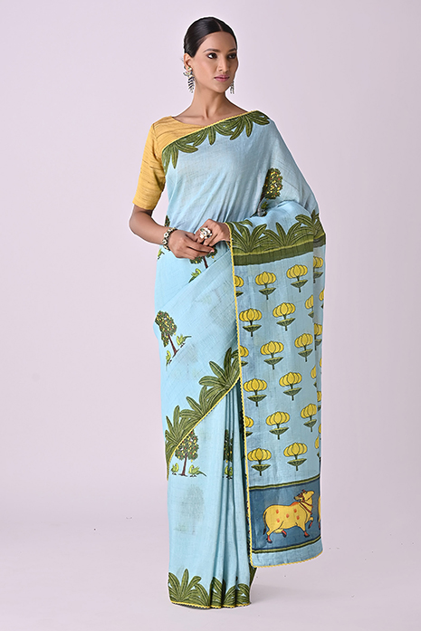 Handwoven Tussar Linen Pichwai Saree  
