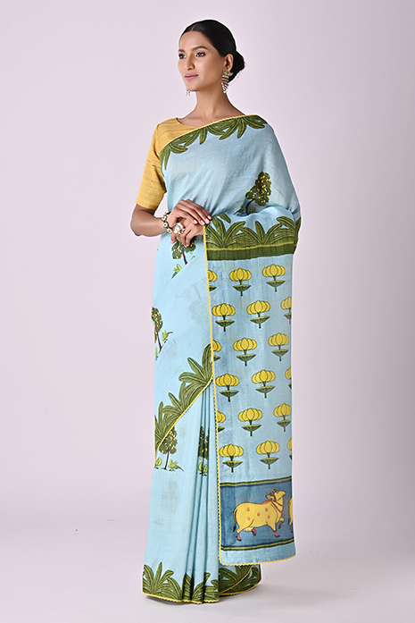 Handwoven Tussar Linen Pichwai Saree  