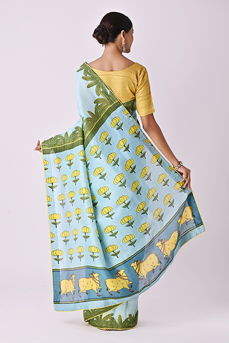 Handwoven Tussar Linen Pichwai Saree  