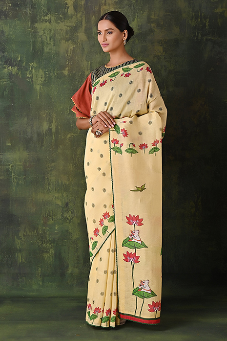 Handwoven Tussar Linen Pichwai Saree  