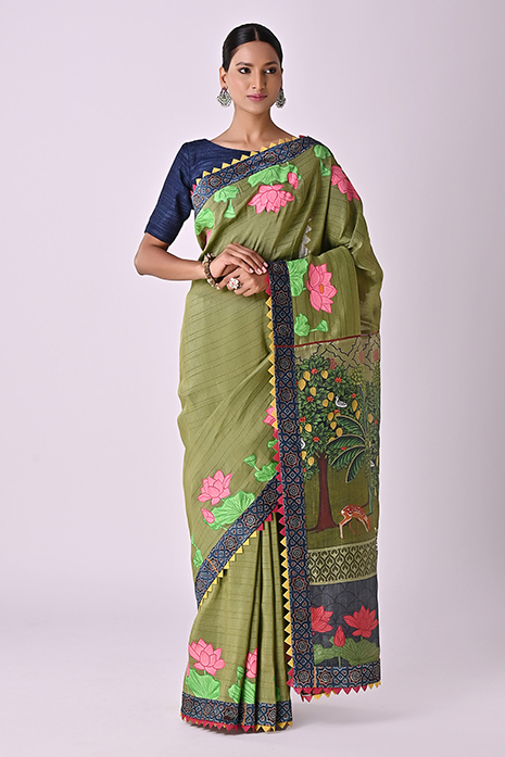 Handwoven Tussar Linen Pichwai Saree  