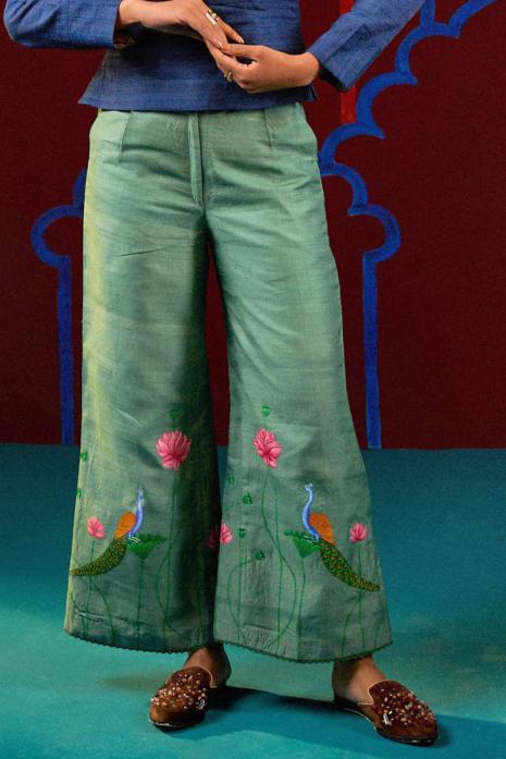 Green coloured hand-painted Pichwai pants