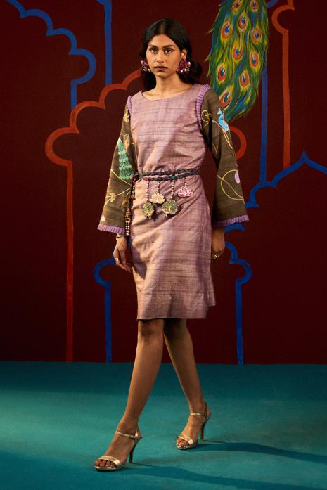 Mauve coloured hand-painted Pichwai tunics on organza, ghicha silk & chanderi,  featuring intricate traditional Pichwai artistry and vibrant colors.