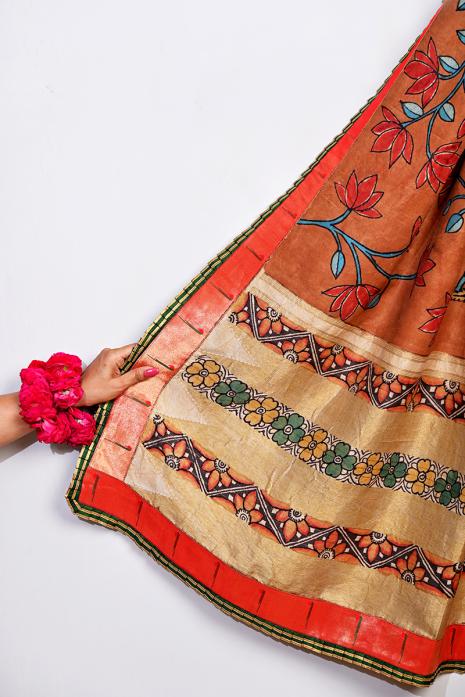 Kanjeeveram Silk rust coloured kalamkari dupatta