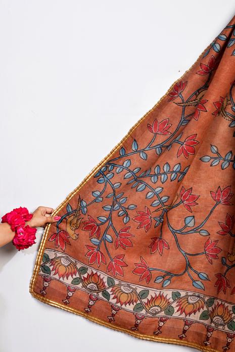 Tussar Linen rust coloured kalamkari dupatta 