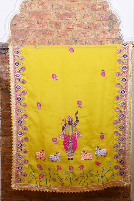 Luxurious and embellished Pichwai organza dupatta in yellow colour