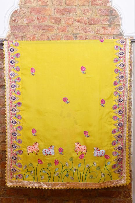 Luxurious and embellished Pichwai organza dupatta in yellow colour