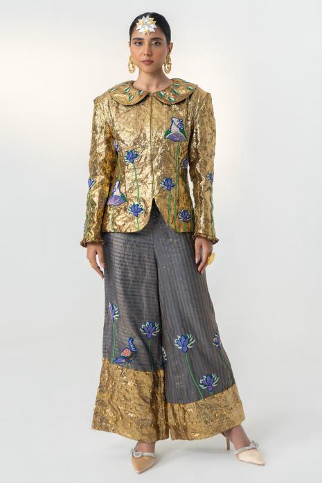 Pichwai embroidered co-ord set in golden & grey colour made in elegant gota & tussar fabric