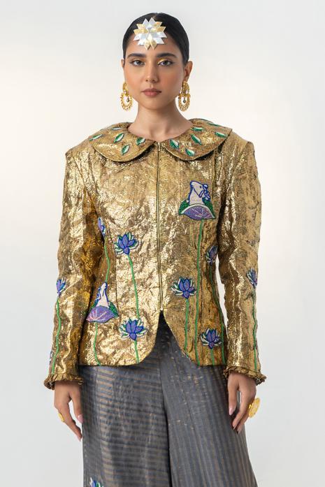 Golden coloured hand-embroidered jacket on gota fabric  featuring Intricate Pichwai Motifs