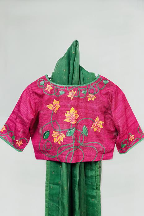 Pink coloured Pichwai Handpainted blouse crafted from luxurious ghicha silk fabric.