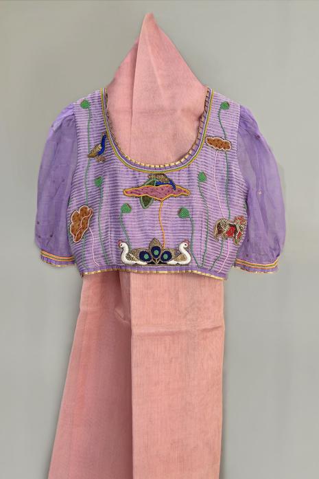 Mauve coloured Pichwai hand emroidered blouse crafted from luxurious tussar silk fabric.