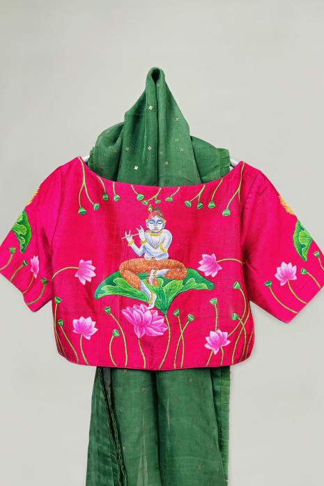 Dark Pink coloured Pichwai hand handpainted blouse crafted from luxurious Raw silk fabric.