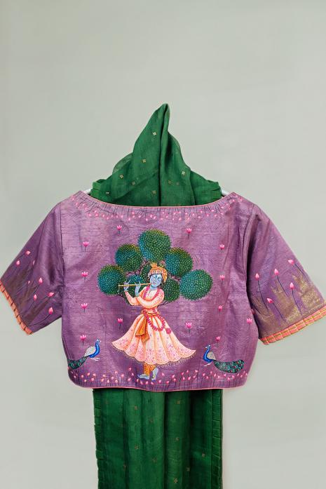 Mauve coloured Pichwai hand handpainted blouse crafted from luxurious kanjeeveram silk fabric.