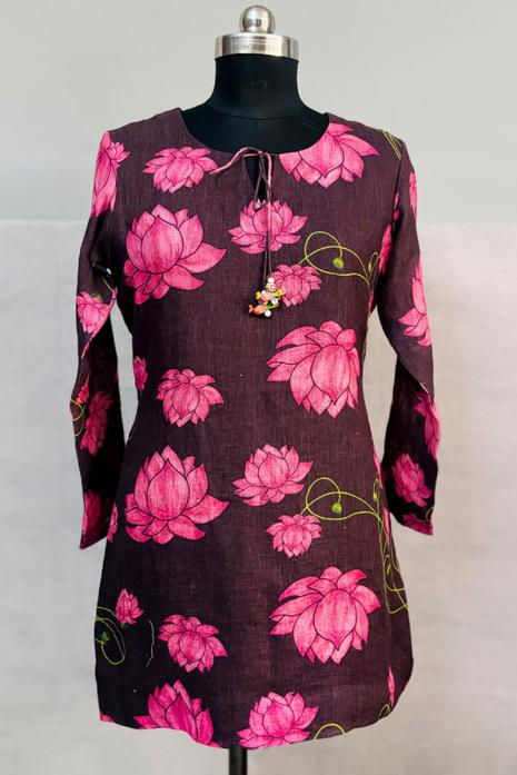 Brown coloured print pichwai linen fabric Tunic featuring Intricate Pichwai Lotus Motifs
