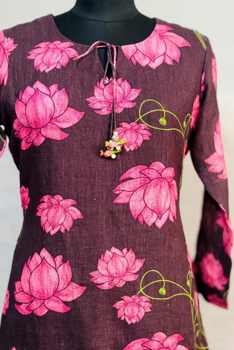 Brown coloured print pichwai linen fabric Tunic featuring Intricate Pichwai Lotus Motifs