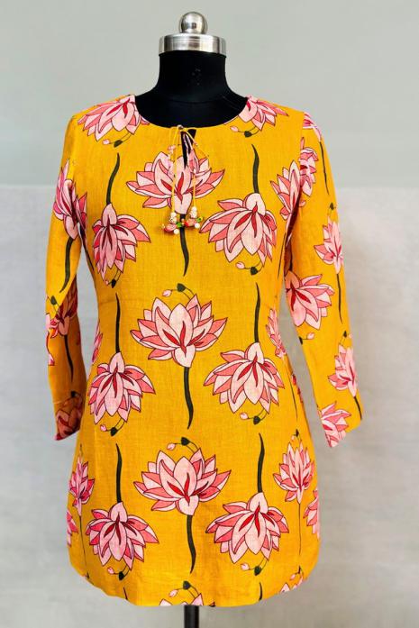 Yellow coloured print pichwai linen fabric Tunic featuring Intricate Pichwai lotus Motifs