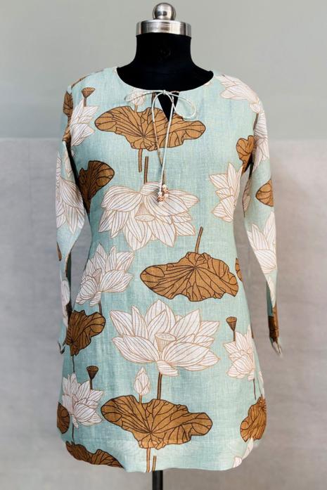 Ice blue coloured print pichwai linen fabric Tunic featuring Intricate Pichwai lotus Motifs