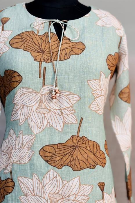 Ice blue coloured print pichwai linen fabric Tunic featuring Intricate Pichwai lotus Motifs