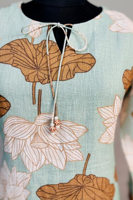 Ice blue coloured print pichwai linen fabric Tunic featuring Intricate Pichwai lotus Motifs