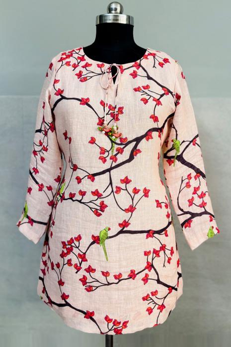Peach coloured print pichwai linen fabric Tunic featuring Intricate Pichwai Motifs