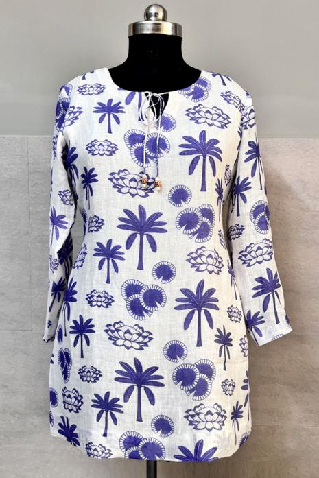White & Blue coloured print pichwai linen fabric Tunic featuring Intricate Pichwai lotus Motifs