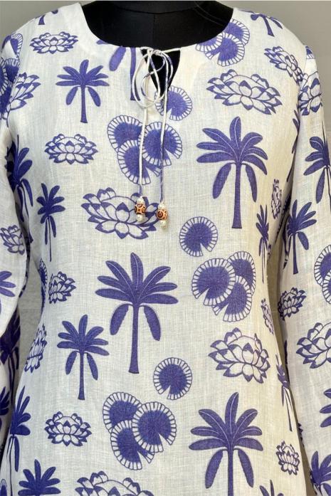 White & Blue coloured print pichwai linen fabric Tunic featuring Intricate Pichwai lotus Motifs