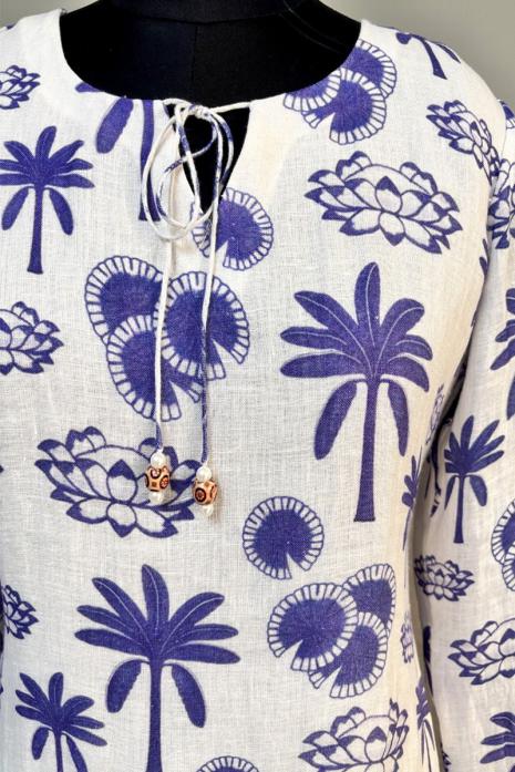 White & Blue coloured print pichwai linen fabric Tunic featuring Intricate Pichwai lotus Motifs