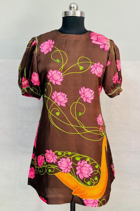 Brown coloured print pichwai soft linen fabric Tunic featuring Intricate Pichwai Motif