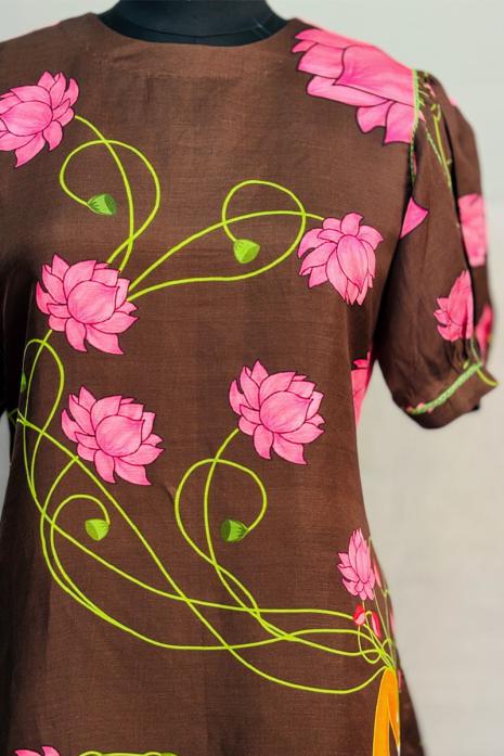 Brown coloured print pichwai soft linen fabric Tunic featuring Intricate Pichwai Motif