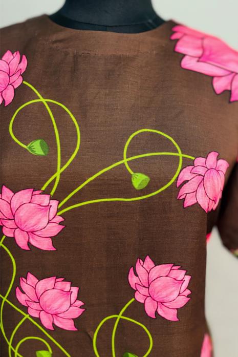 Brown coloured print pichwai soft linen fabric Tunic featuring Intricate Pichwai Motif