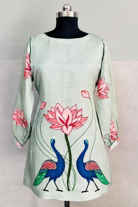 Sea Green coloured print pichwai soft linen fabric Tunic featuring Intricate Pichwai Motif