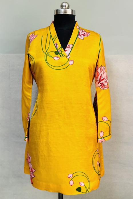 Yellow coloured print pichwai soft linen fabric Tunic featuring Intricate Pichwai Motifs
