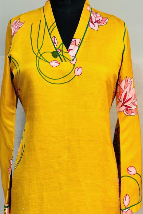 Yellow coloured print pichwai soft linen fabric Tunic featuring Intricate Pichwai Motifs