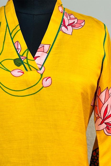 Yellow coloured print pichwai soft linen fabric Tunic featuring Intricate Pichwai Motifs