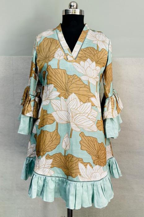 Ice Blue coloured print pichwai soft linen fabric Tunic featuring Intricate Pichwai Motif