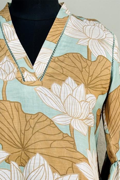 Ice Blue coloured print pichwai soft linen fabric Tunic featuring Intricate Pichwai Motif