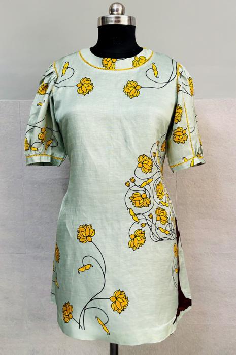 Light Sea Green coloured print pichwai soft linen fabric Tunic featuring Intricate Pichwai Motif