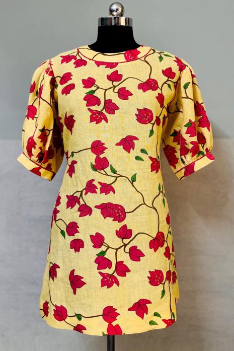 Yellow coloured print pichwai linen fabric Tunic featuring Intricate Bougainvillea Motifs