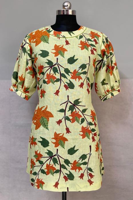 Sea Green coloured print pichwai linen fabric Tunic featuring Intricate Bougainvillea Motifs
