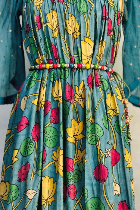 Teal Blue coloured kalamkari pichwai silk  & organza  fabric Tunic featuring Intricate Pichwai Motif