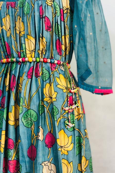 Teal Blue coloured kalamkari pichwai silk  & organza  fabric Tunic featuring Intricate Pichwai Motif