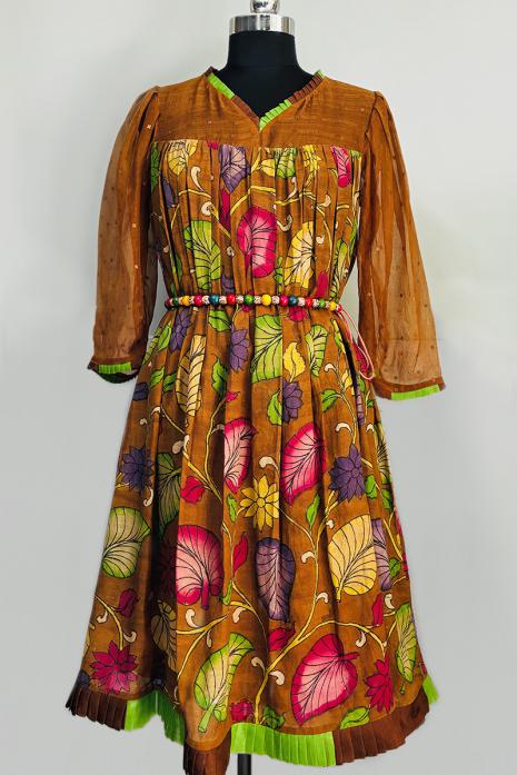Brown coloured kalamkari pichwai silk  & organza  fabric Tunic featuring Intricate Pichwai Motif