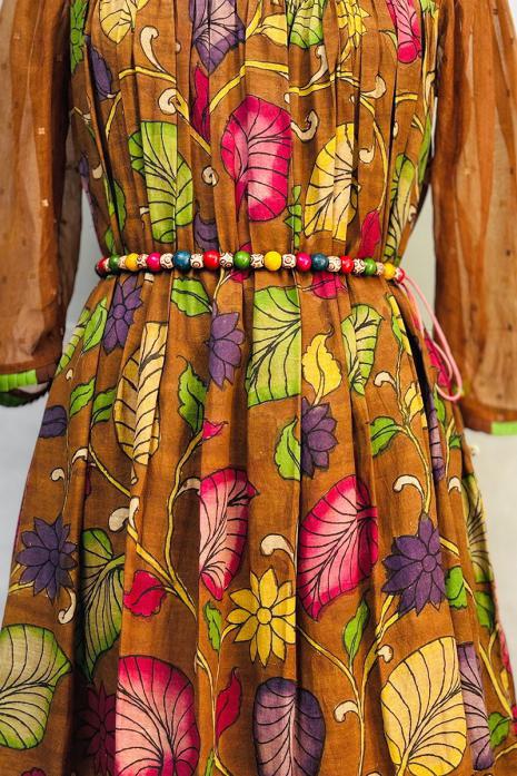 Brown coloured kalamkari pichwai silk  & organza  fabric Tunic featuring Intricate Pichwai Motif