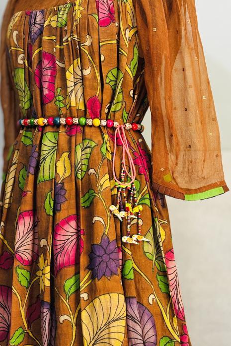 Brown coloured kalamkari pichwai silk  & organza  fabric Tunic featuring Intricate Pichwai Motif