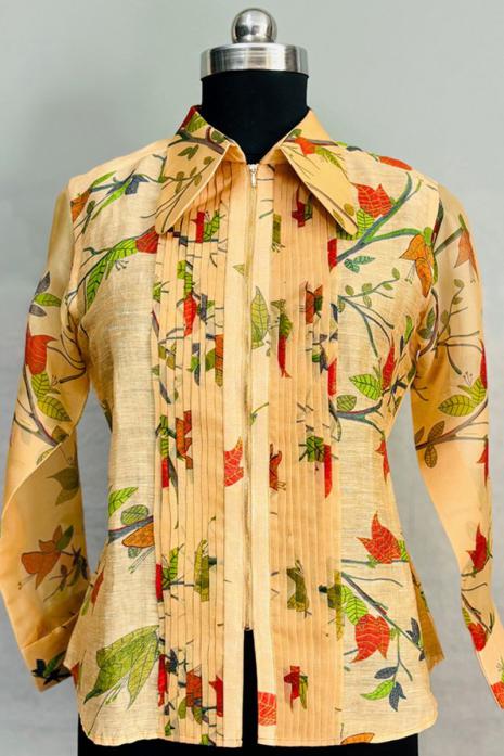 Peach coloured print  Bougainvillea linen & organza fabric Shirt featuring Intricate  Bougainvillea Motifs