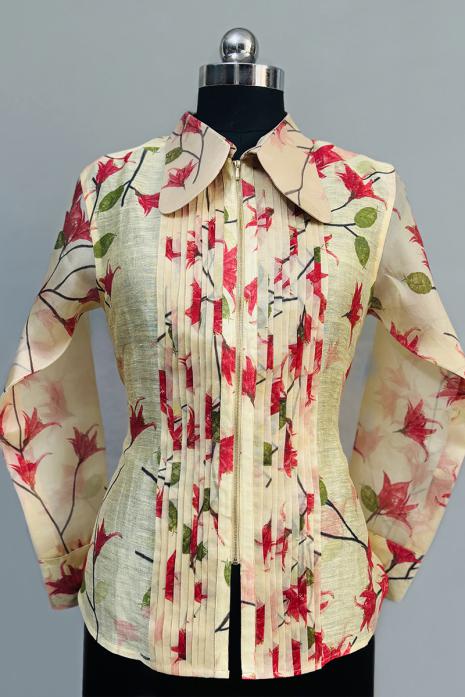Light Yellow coloured print  Bougainvillea linen & organza fabric Shirt featuring Intricate  Bougainvillea Motifs