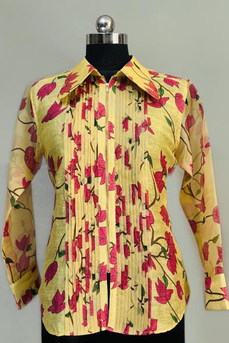 Yellow coloured print  Bougainvillea linen & organza fabric Shirt featuring Intricate  Bougainvillea Motifs