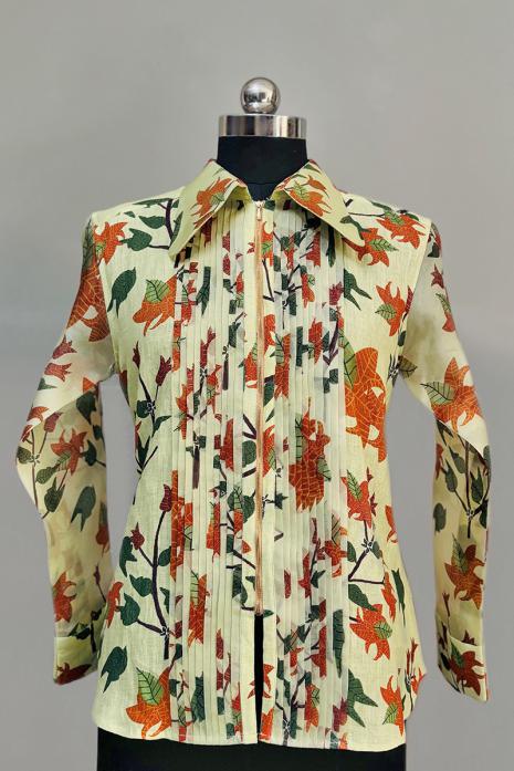 Light Green coloured print  Bougainvillea linen & organza fabric Shirt featuring Intricate Bougainvillea Motifs
