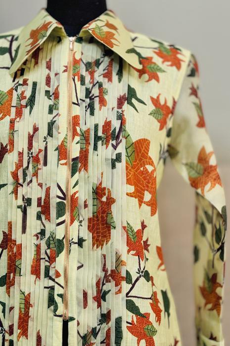 Light Green coloured print  Bougainvillea linen & organza fabric Shirt featuring Intricate Bougainvillea Motifs