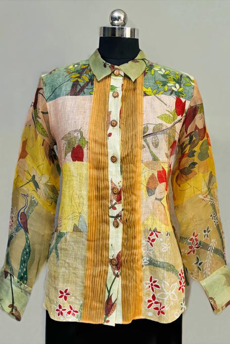 Multi coloured print  Bougainvillea linen & organza fabric Shirt featuring Intricate  Bougainvillea Motifs
